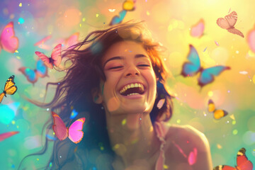 A young woman expresses pure joy surrounded by fluttering butterflies in a bright, colorful environment on a sunny day