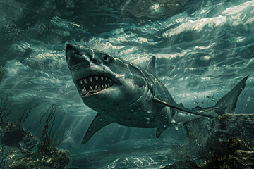 Fototapeta premium A great white shark glides through crystal clear ocean waters, revealing its sharp teeth and streamlined body amidst an underwater landscape