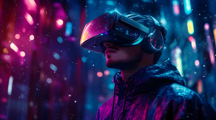 A person wearing a VR headset in a vibrant, futuristic setting.