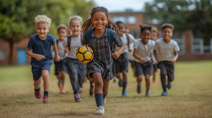 Smiling Multi Racial School Boys and Girls running with ball in Schoolyard. Autumn Time. Back to school Concept. Selective focus  