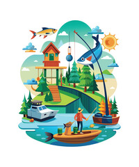 Fototapeta premium Fishing vector art,graphics Fishing icon set,vintage illustration Fishing clipart,vector Fishing flat style artwork design