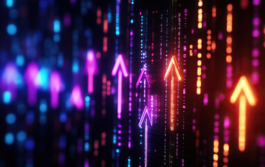 Fototapeta premium Colorful arrows in neon lights symbolize growth and progress in a dynamic digital environment.