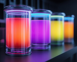 Colorful illuminated glass containers filled with vibrant liquids showcased on a dark countertop, creating a stunning visual contrast.