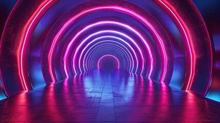 A futuristic tunnel with neon lights in vibrant pink and blue tones, creating a surreal and captivating atmosphere.