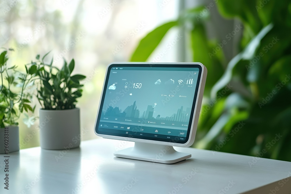 Poster minimal ai assistant screen displaying weather and news, set on a clean white table, ample copy spac
