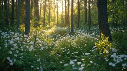Fototapeta premium A peaceful Russian forest in spring, with blooming wildflowers and green foliage.