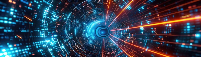 Fototapeta premium A dynamic visualization of technology with glowing lines and bright particles, representing data flow and digital networks.