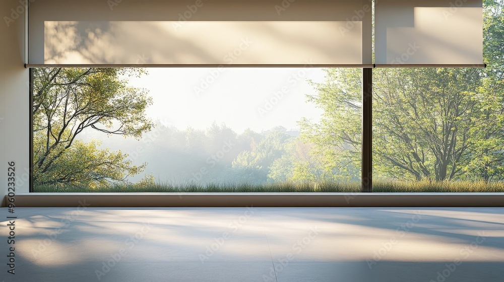 Wall mural ai-controlled blinds opening to morning sunlight, minimalistic window scene with large blank space f