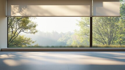 AI-controlled blinds opening to morning sunlight, minimalistic window scene with large blank space for text, copy space for stock photo with minimal concept, No logo, No Trademark, No text