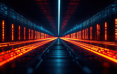 Fototapeta premium Futuristic digital corridor with vibrant neon lights, showcasing technology and innovation in a stunning visual landscape.