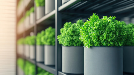 Rows of potted green plants on a metal shelf, depicting indoor gardening and greenery in a modern, sunlit room environment.