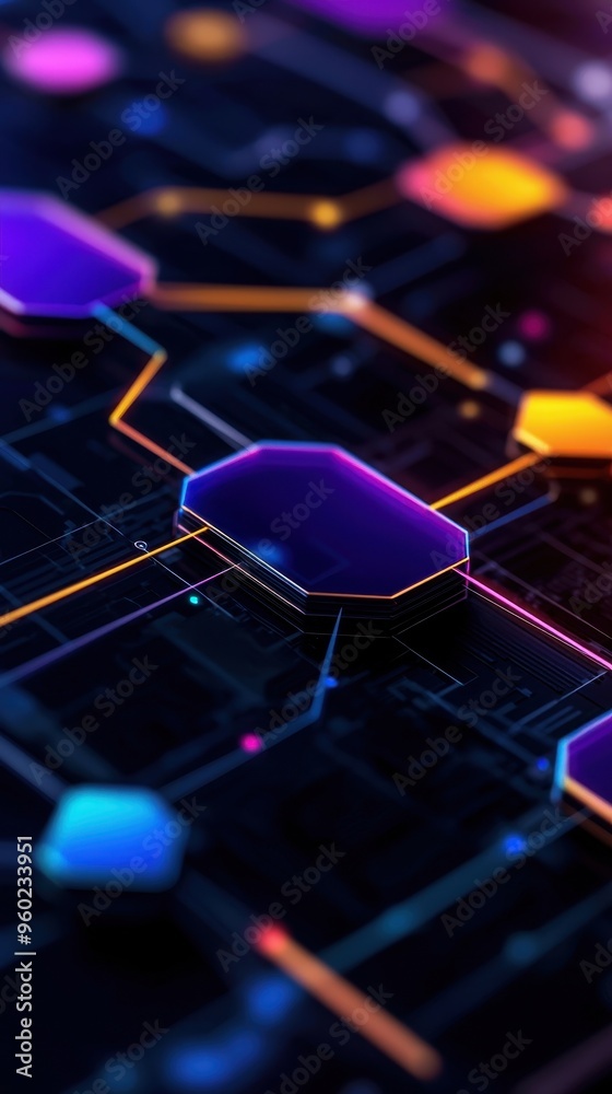 Aufkleber Abstract representation of blockchain technology with glowing circuits and hexagonal nodes on a dark background, showcasing digital connectivity.