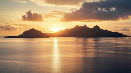 Fototapeta premium A peaceful sunrise over the Mamanuca Islands, with the ocean reflecting the warm light.