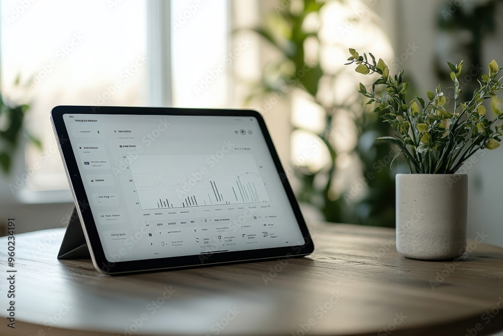 Poster minimal ai-powered task management app open on a tablet, soft natural light, large blank space surro