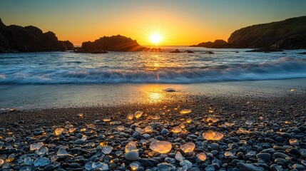 Obraz premium A peaceful sunset over Glass Beach, with the sea glass glowing in the evening light.