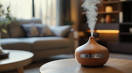 Living room featuring a wooden essential oil diffuser on a wooden table, releasing aromatic mist, with a serene and calming interior design.
