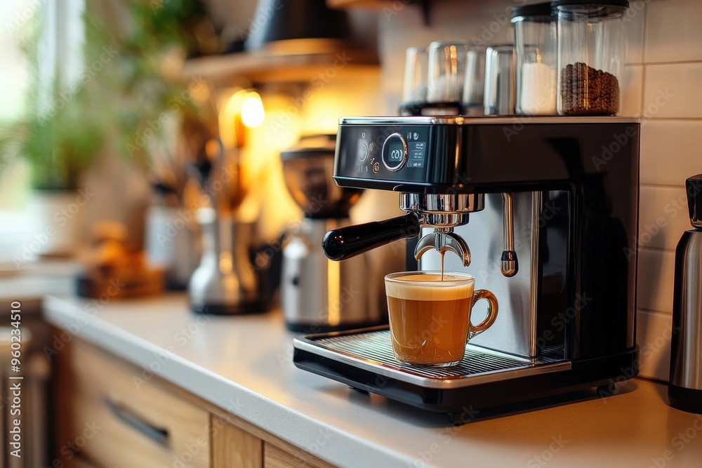 Poster minimal ai-driven coffee machine on a clean kitchen counter, soft morning light, abundant empty spac