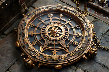 Obraz premium 3D renderin of Illustration fantasy dieselpunk solar system model astrolabe steampunk high quality photo