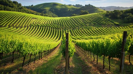 A picturesque vineyard in the Napa Valley with rows of grapevines and rolling hills.