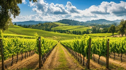 A picturesque vineyard in the Napa Valley with rows of grapevines and rolling hills.