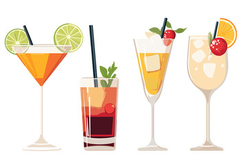 Set of Tropical Cocktails in Flat Style for Menu, Cocktail Cards. Margarita, Tom Collins, Pina Colada, Cosmopolitan, Mai Tai, Sea Breeze, Tequila Sunrise. Vector Isolated on White Background