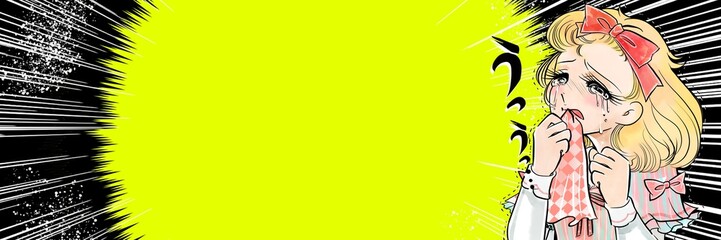 70年代少女漫画風、失恋してハンカチを噛む金髪縦ロール姿のお嬢様ワイドサイズイラスト