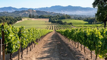 Naklejka premium A picturesque vineyard with rows of grapevines stretching into the distance.