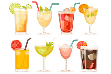 Set of Tropical Cocktails in Flat Style for Menu, Cocktail Cards. Margarita, Tom Collins, Pina Colada, Cosmopolitan, Mai Tai, Sea Breeze, Tequila Sunrise. Vector Isolated on White Background