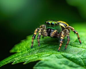 Fototapeta premium Close-up image of a colorful jumping spider sitting on a green leaf with a blurred background, highlighting its detailed features.