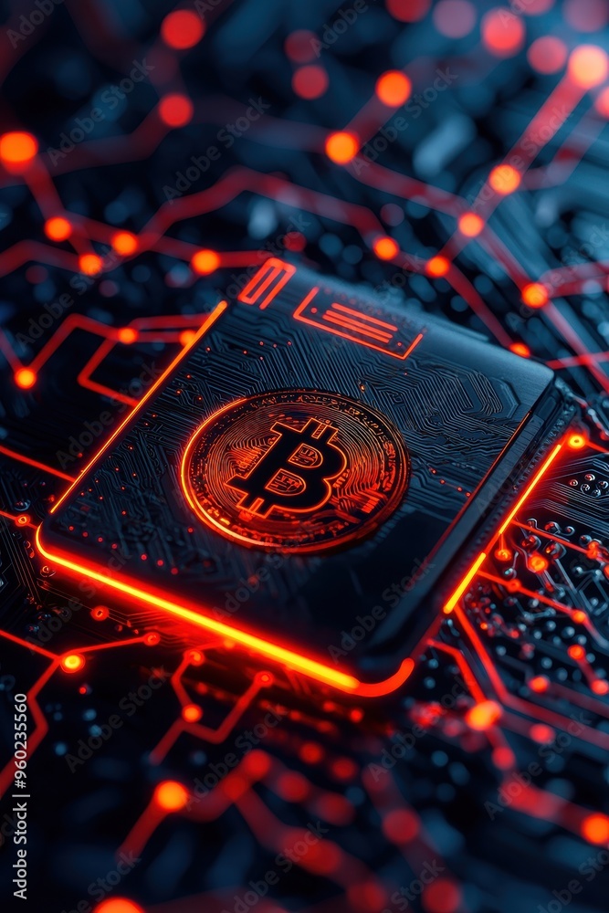 Aufkleber Closeup of a Bitcoin coin on a glowing computer chip, symbolizing cryptocurrency and blockchain technology advancements.