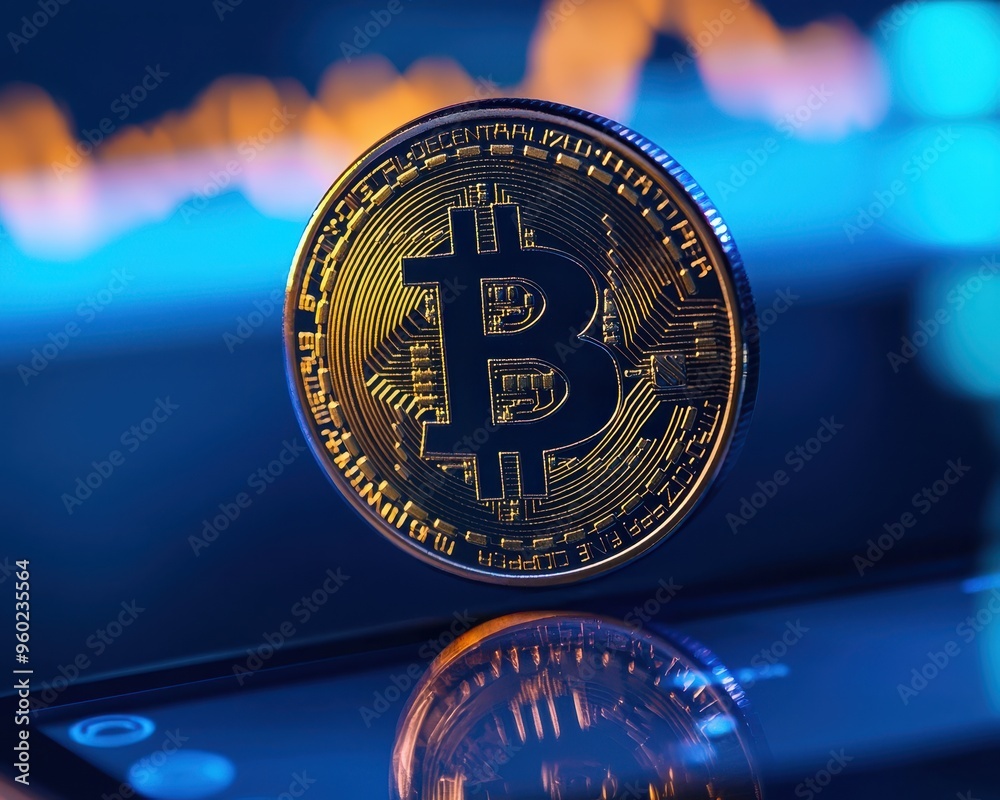 Poster close-up of a bitcoin coin with a blurry stock market graph in the background, symbolizing cryptocur