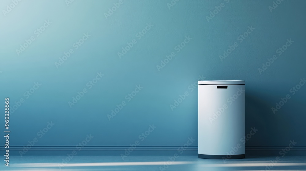 Wall mural minimal smart recycling bin scanning items, clean background with soft light, large empty space for 