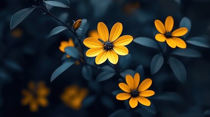 Fototapeta premium Dark yellow flowers with dark gray leaves in the background