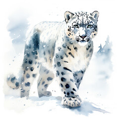 Beautiful Snow Leopard Watercolor Clipart, Wild Animal Colored Design for Your Corporate and Business Graphic Resource or Creative Project, Ai Generative