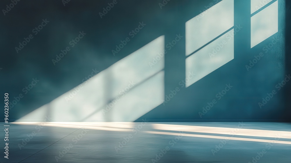 Poster minimal ai-controlled lighting system dimming to save energy, soft natural light, large empty space 