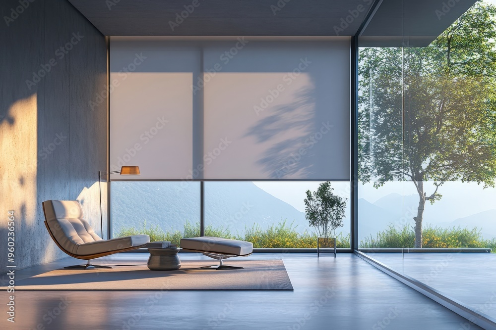 Canvas Prints ai-controlled smart blinds adjusting to natural light, minimalistic room with large blank space surr