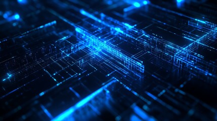 Obraz premium Abstract digital background with blue glowing lines and shapes creating immersive cyberpunk atmosphere with high-tech data streams