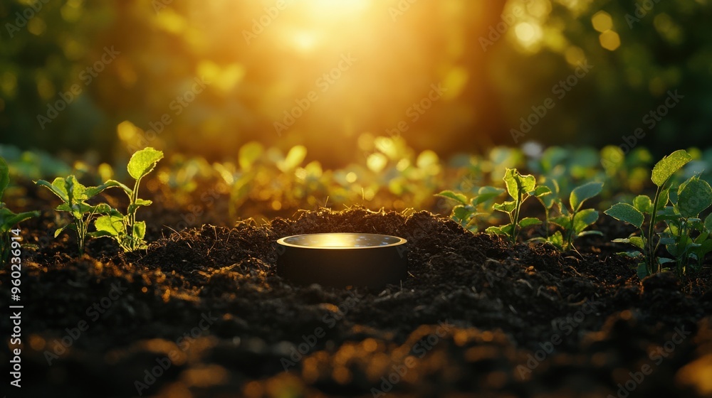 Wall mural simple ai-powered soil sensor in the ground, minimal scene with soft light, large copy space around,
