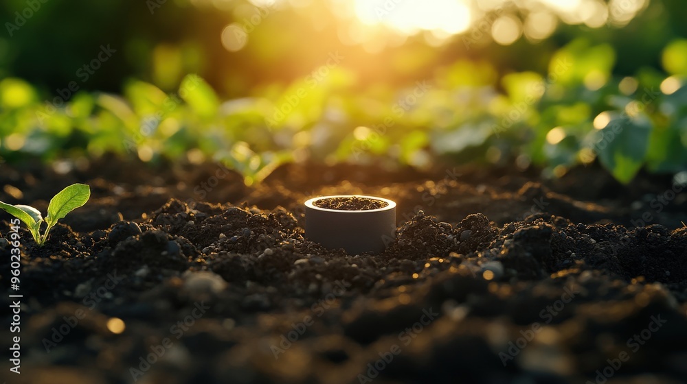 Poster simple ai-powered soil sensor in the ground, minimal scene with soft light, large copy space around,