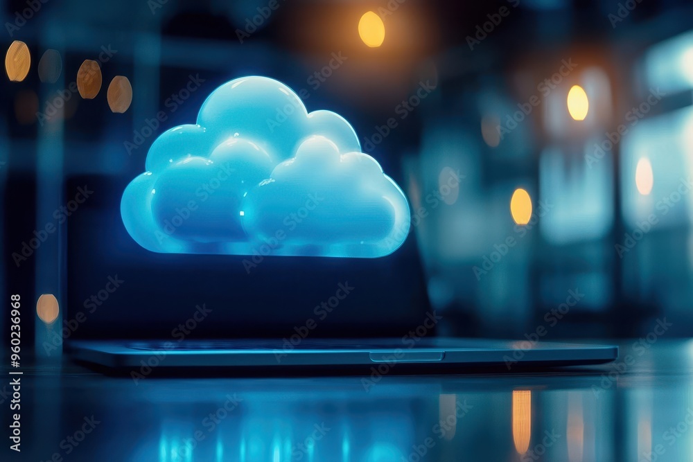 Fototapete Cloud computing concept displayed on laptop screen in tech environment, representing data storage and online network infrastructure.