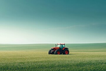 Fototapeta premium Minimal AI-driven tractor in a clean field, soft morning light, abundant empty space for text or design, copy space for stock photo with minimal concept, No logo, No Trademark, No text