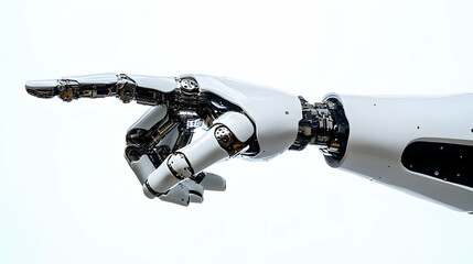 A robotic hand pointing, showcasing advanced technology and design.