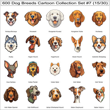 Cute Dog Breeds Cartoon Characters Sticker Bundle Collection Set 7 of 600 Dog Faces Isolated Part 15