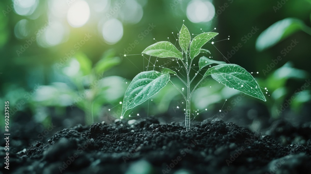 Wall mural single ai-driven sensor monitoring plant growth, minimalistic scene with soft light and ample copy s