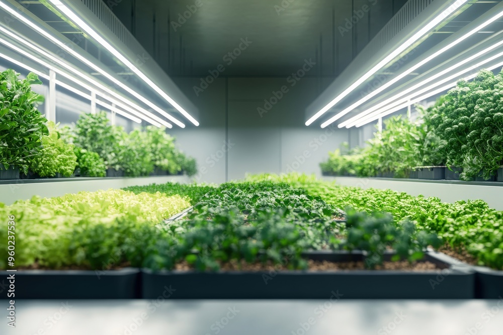 Wall mural minimal ai-controlled vertical farming setup indoors, soft natural light, large empty space for text