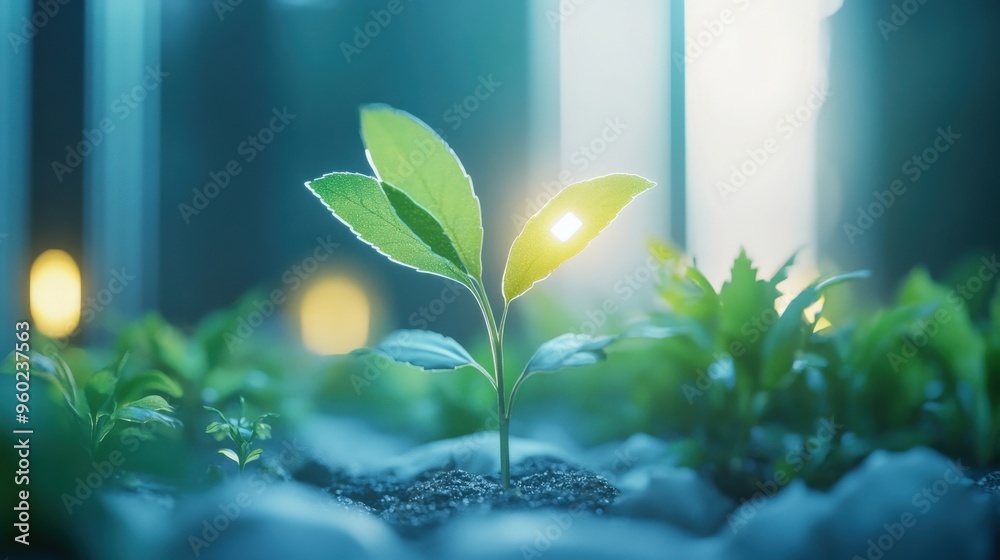 Wall mural single ai-driven sensor monitoring plant growth, minimalistic scene with soft light and ample copy s