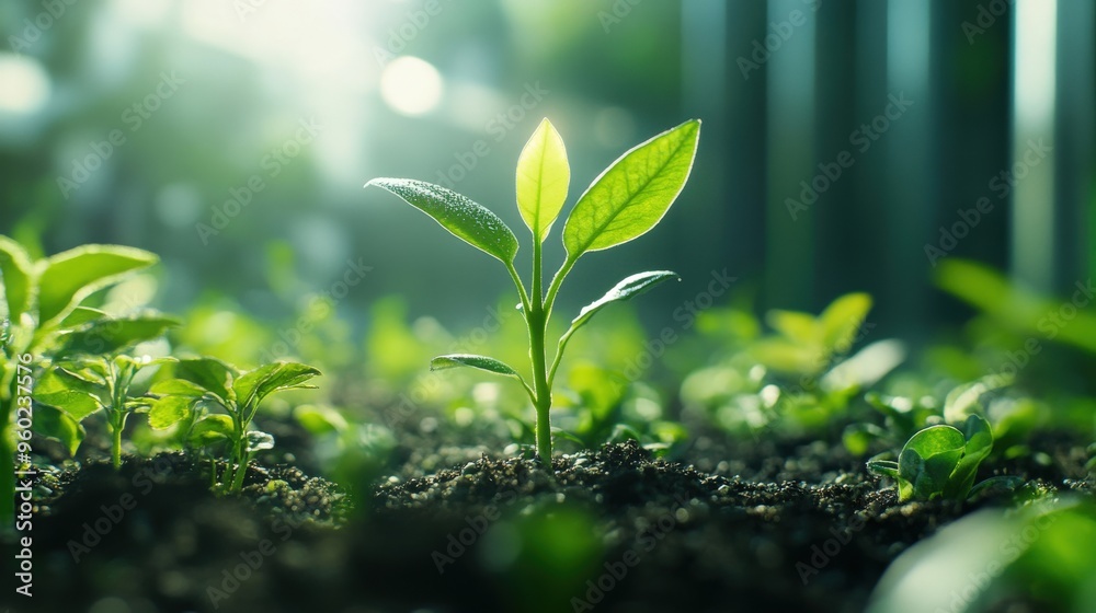 Wall mural single ai-driven sensor monitoring plant growth, minimalistic scene with soft light and ample copy s