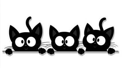 Three black cats peeping over a wall, illustration, three black cats silhouette, on a white background