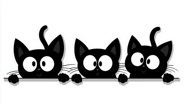 Three black cats peeping over a wall, illustration, three black cats silhouette, on a white background