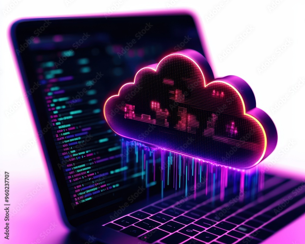 Leinwandbilder Futuristic cloud computing concept with digital code on a laptop screen, glowing cloud icon showing cutting-edge technology in vibrant colors.